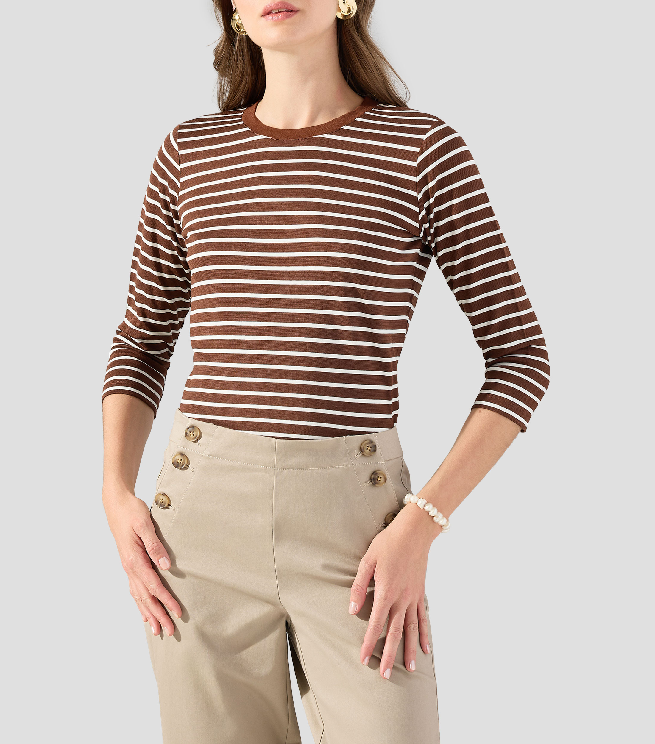 Playera cuello redondo manga 3/4 rayas Mujer